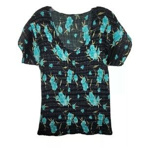 Vintage wrinke 90s 2000 Y2K blue black Floral Short Sleeve top Size SMALL